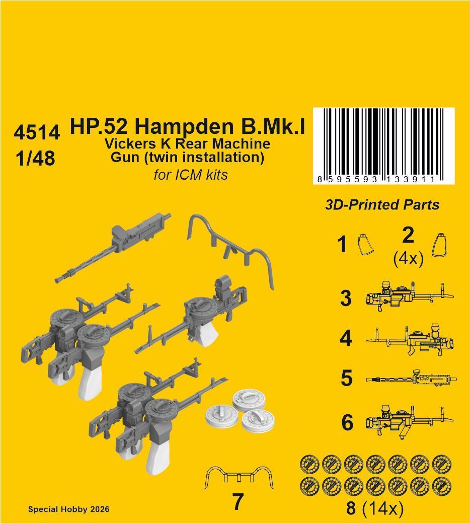 1:48 HP.52 Hampden B.Mk.I - Vickers K Rear Machine Gun (twin installation) for ICM kits