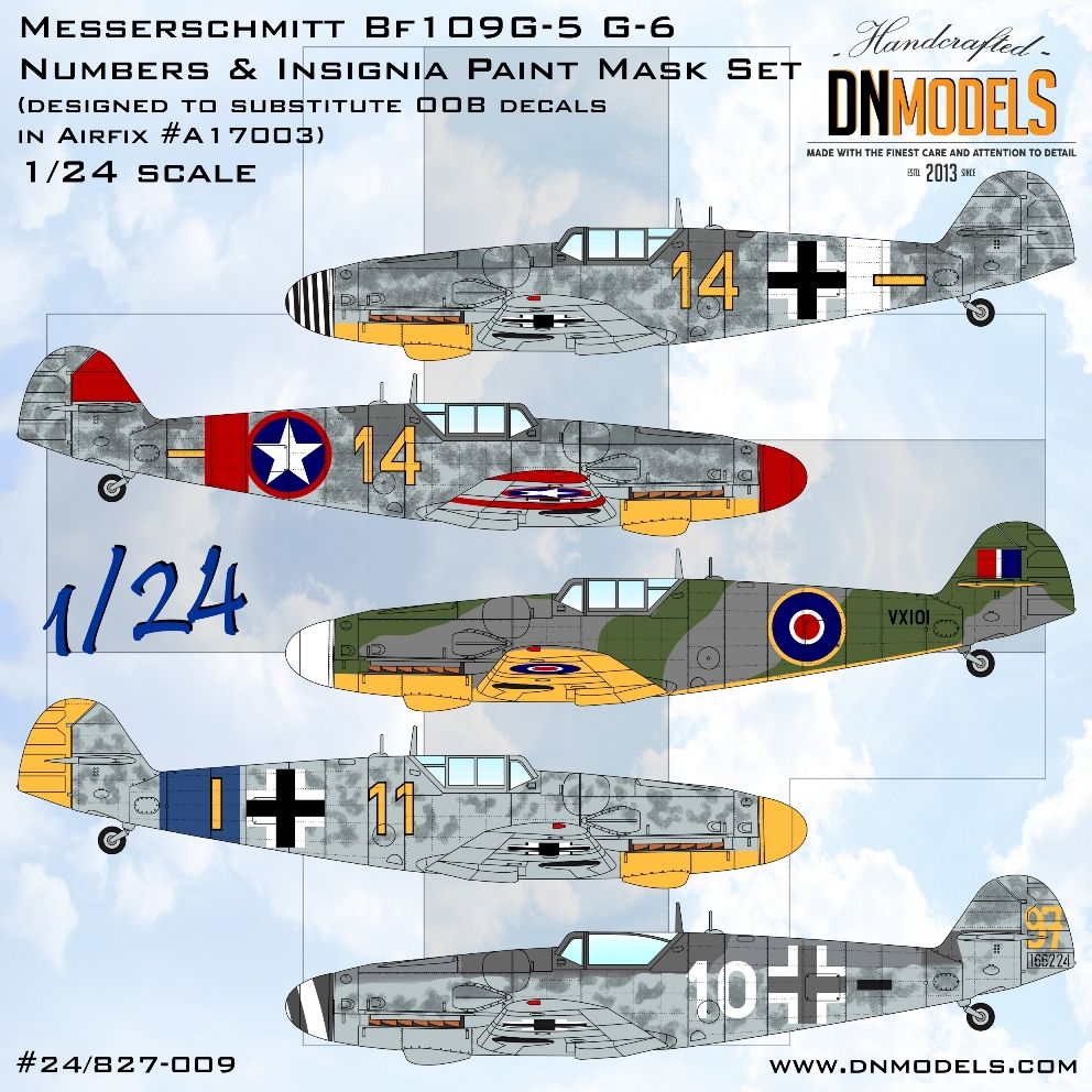 1:24 Messerschmitt Bf 109G-5/G-6 Numbers & Insignia Paint Mask Set for Airfix #A17003