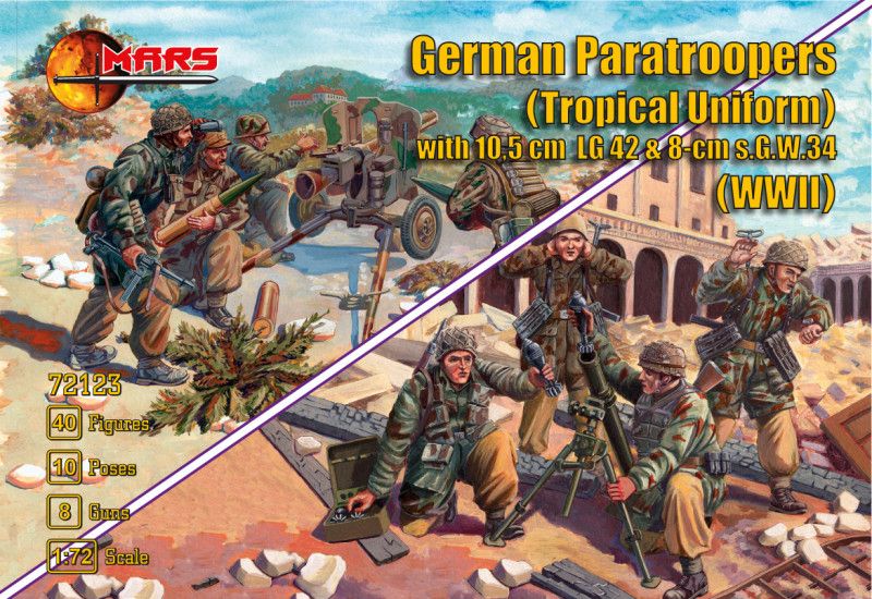1:72 German WWII Paratroopers in Tropical Uniforms with LG-42 10.5cm and s.G.W.34 8cm