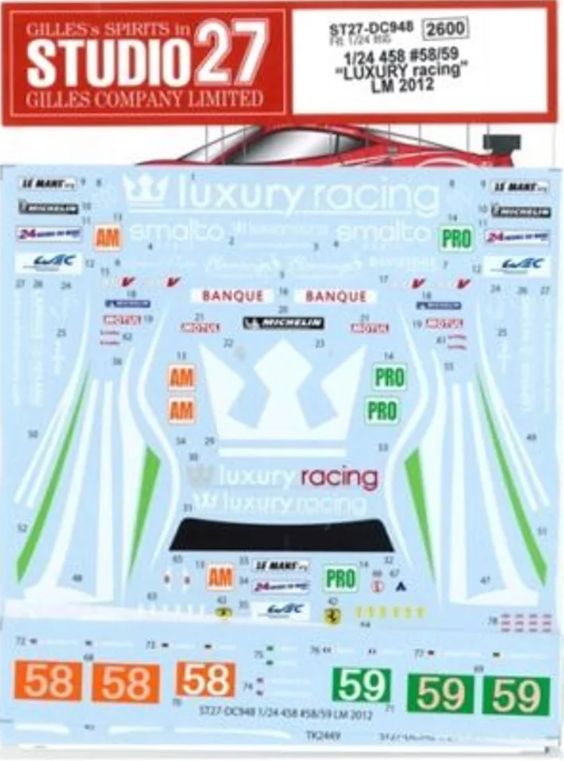 1:24 Ferrari 458 - Luxury Racing LM 2012 Decals Set