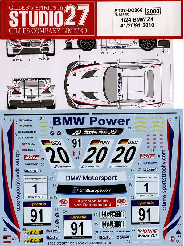 1:24 BMW Z4 - No.1 / 20 / 91 2010 Decals Set (for Fujimi Kits)