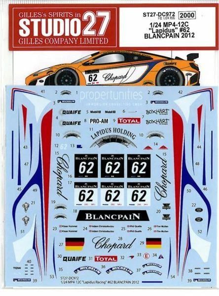 1:24 McLaren MP4/12C - Lapidus Blancpain 2012 Decals Set (for Fujimi Kits)