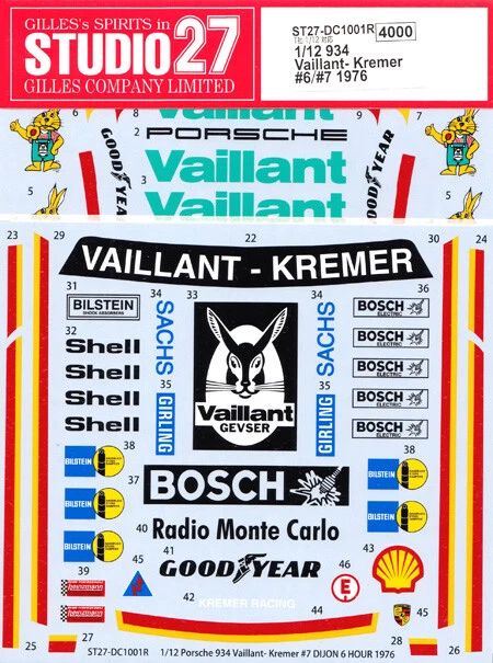 1:24 Porsche 934 - Vaillant Kremer 1976 Decals Set (for Tamiya Kits)