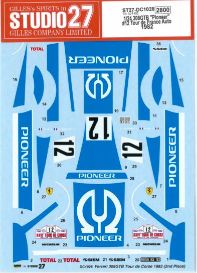 1:24 Ferrari 308 GTB - Pioneer Tour de France Auto 1982 Decals Set (for Revell Kits)