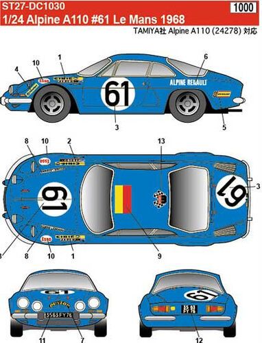 1:24 Renault Alpine A110 - Le Mans 1968 Decals Set (for Tamiya Kits)