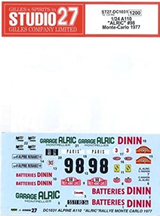 1:24 Renault Alpine A110 - Monte Carlo 1977 Decals Set (for Tamiya Kits)