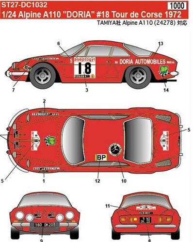 1:24 Renault Alpine A110 - Tour De Corse 1972 Decals Set (for Tamiya Kits)