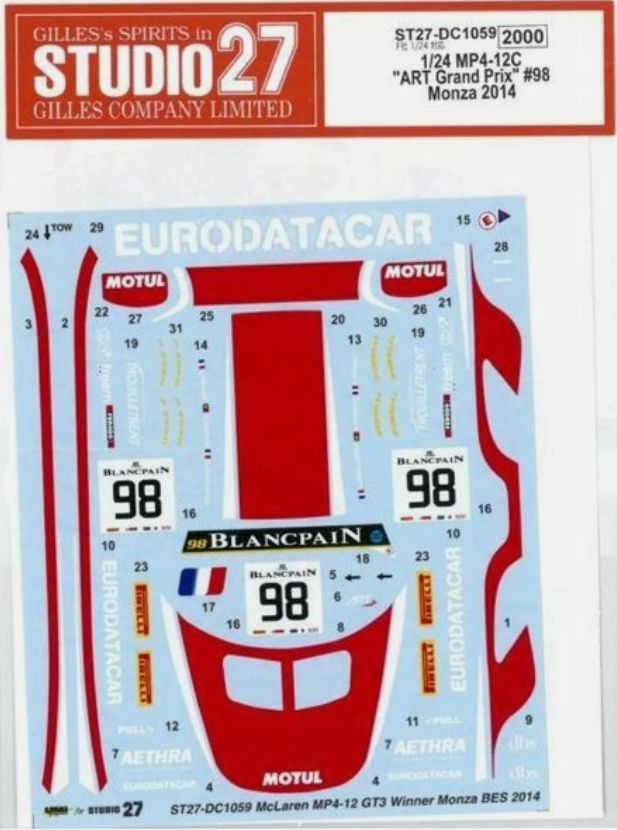 1:24 McLaren MP4/12C - ART Grand Prix 2014 No.98 Monza 2014 Decals Set (for Fujimi Kits)