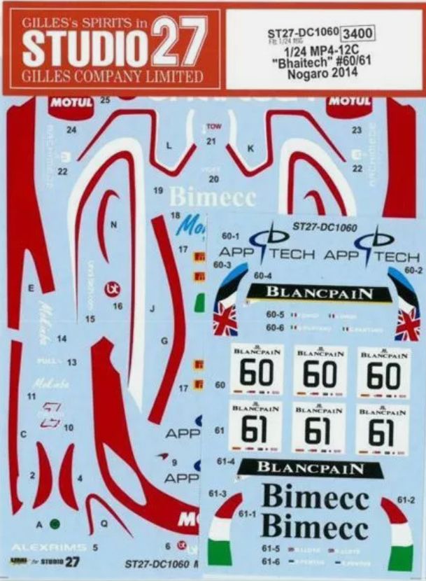 1:24 McLaren MP4/12C - Bhaitech No.60 / 61 Nogaro 2014 Decals Set (for Fujimi Kits)
