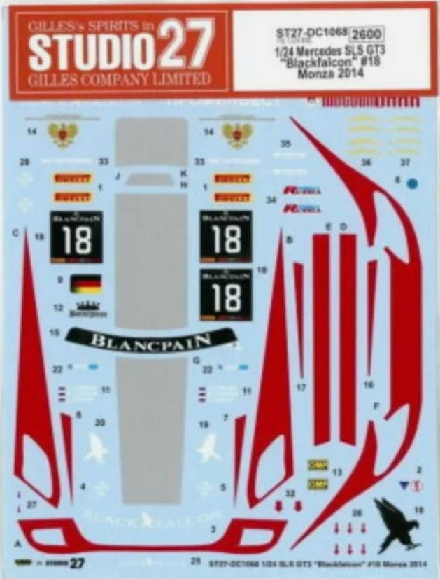 1:24 Mercedes SLS GT3 - Blackfalcon No.18 Monza 2014 Decals Set (for Fujimi Kits)