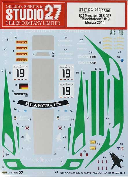 1:24 Mercedes SLS GT3 - Blackfalcon No.19 Monza 2014 Decals Set (for Fujimi Kits)