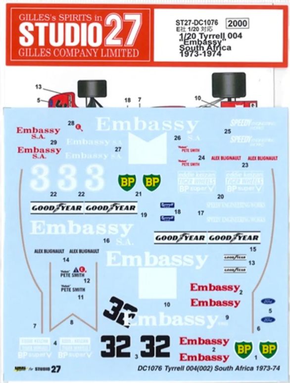 1:20 Tyrrell 004 - Embassy South Africa 1973/1974 Decals Set (for Ebbro Kits)
