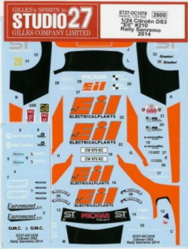 1:20 Citroen DS3 WRC - Rally San Remo 2014 Decals Set (for Heller Kits)