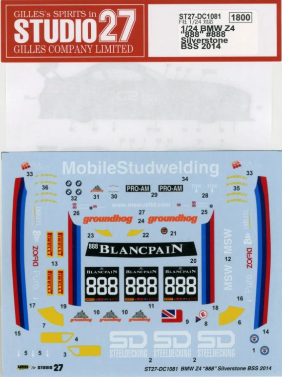 1:24 BMW Z4 - No.888 Silverstone BSS 2014 Decals Set (for Fujimi Kits)
