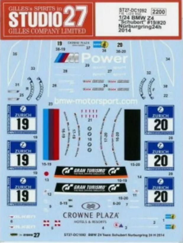 BMW Z4 GT3 - Schubert No.19/20 Nurburgring 24h 2014 Decals Set (for Fujimi Kits)