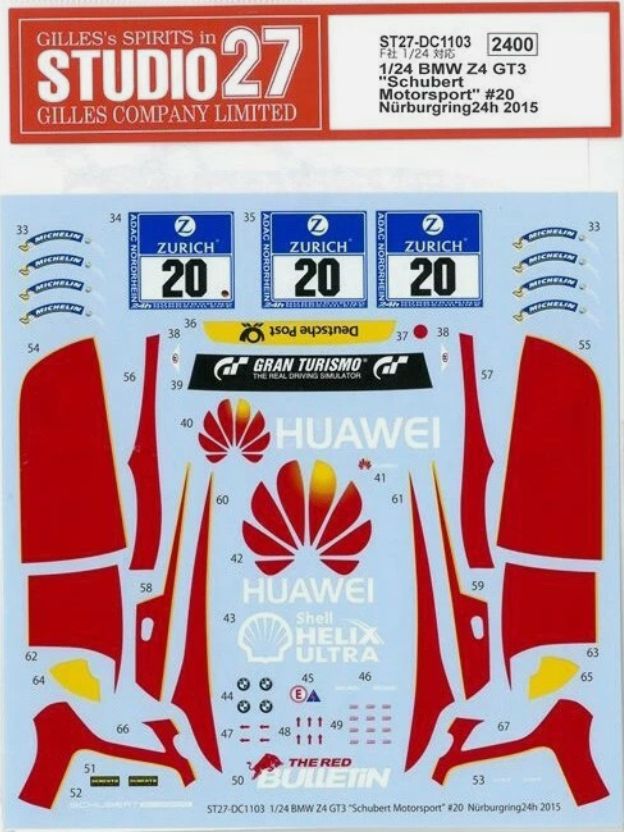 1:24 BMW Z4 GT3 - Schubert No.20 Nurburgring 24h 2015 Decals Set (for Fujimi Kits)