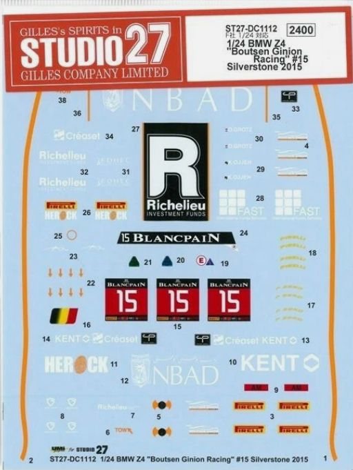 1:24 BMW Z4 GT3 - Boutsen Ginion No.15 Silverstone 2015 Decals Set (for Fujimi Kits)