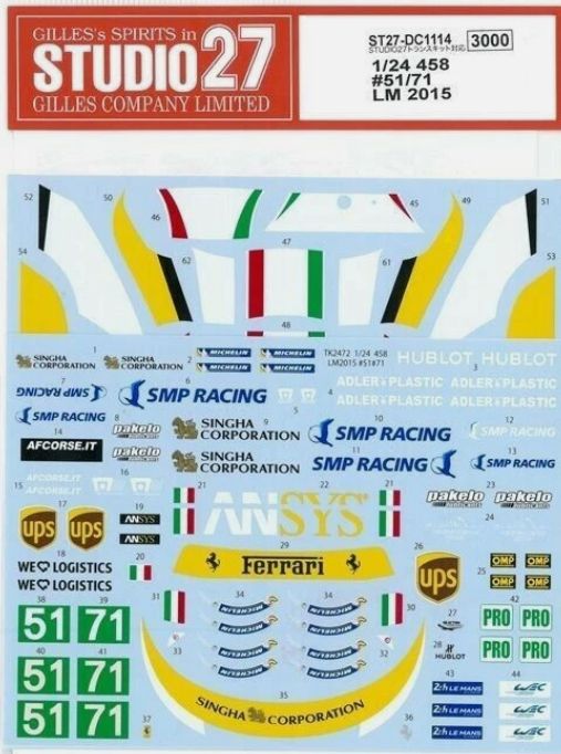 1:24 Ferrari 458 Italia - No.51/71 Le Mans 2015 Decals Set (for Studio 27 Kits)