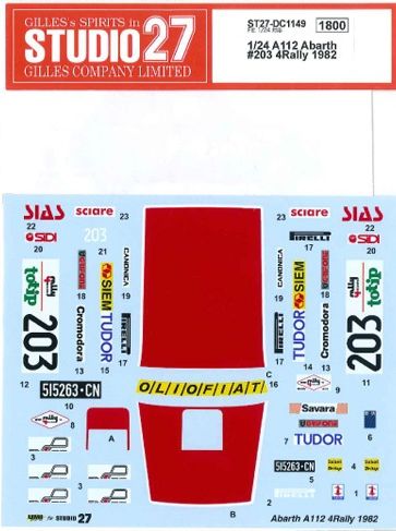 1:24 Fiat A112 Abarth - No.203 4 Rally 1982 Decals Set (for Fujimi Kits)