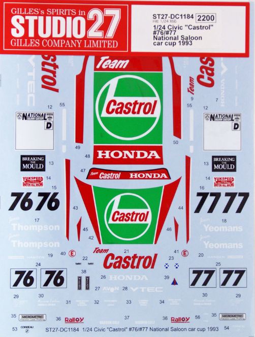 1:24 Honda Civic EG6 - Castrol No.76 / 77 National Saloon Car Cup 1993 Decals Set (for Hasegawa Kits)