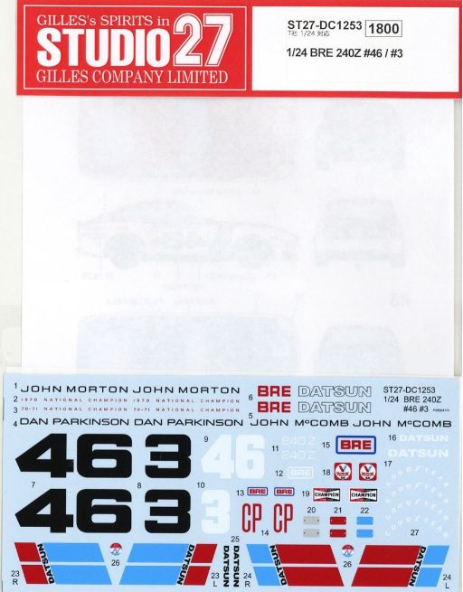 1:24 Nissan Fairlady BRE 240Z - No.3 / 46 Decals Set (for Tamiya Kits)