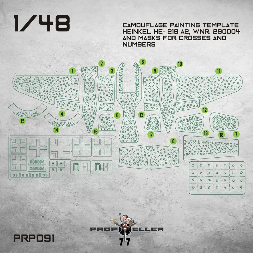 1:48 Camouflage Painting template Heinkel He- 219 A2, Wnr. 290004 and masks for crosses and numbers