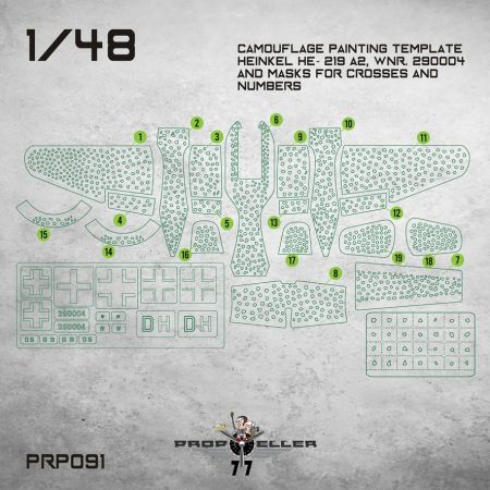 1:48 Camouflage Painting template Heinkel He- 219 A2, Wnr. 290004 and masks for crosses and numbers