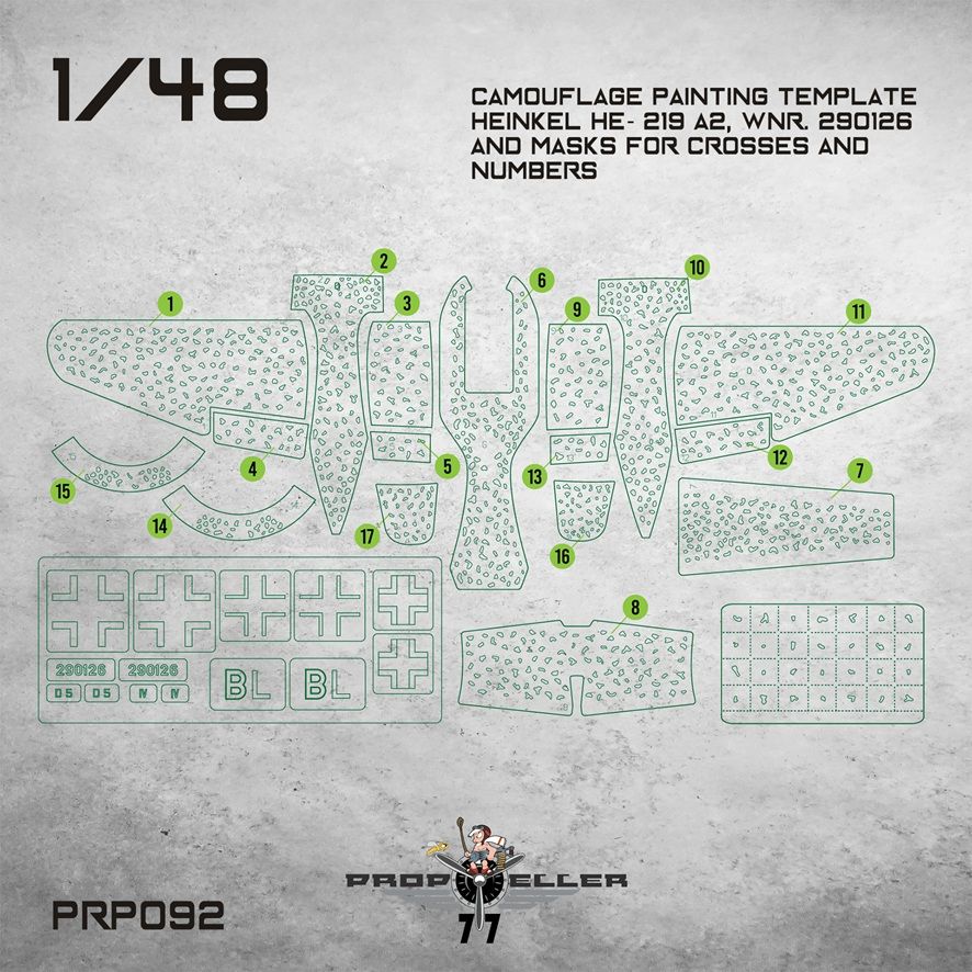 1:48 Camouflage Painting template Heinkel He- 219 A2, Wnr. 290126 and masks for crosses and numbers