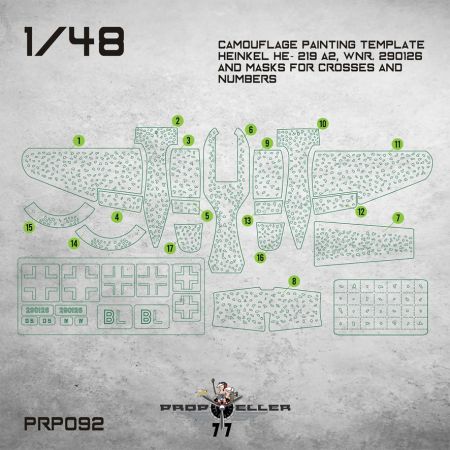 1:48 Camouflage Painting template Heinkel He- 219 A2, Wnr. 290126 and masks for crosses and numbers