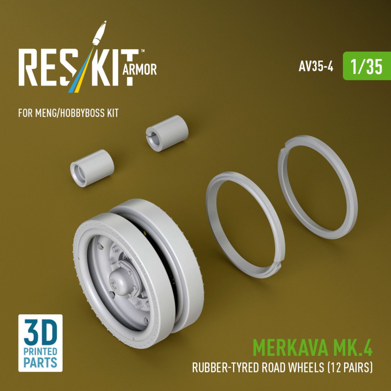 1:35 Merkava Mk.4 rubber-tyred road wheels (12 pairs) for Meng/HobbyBoss kit