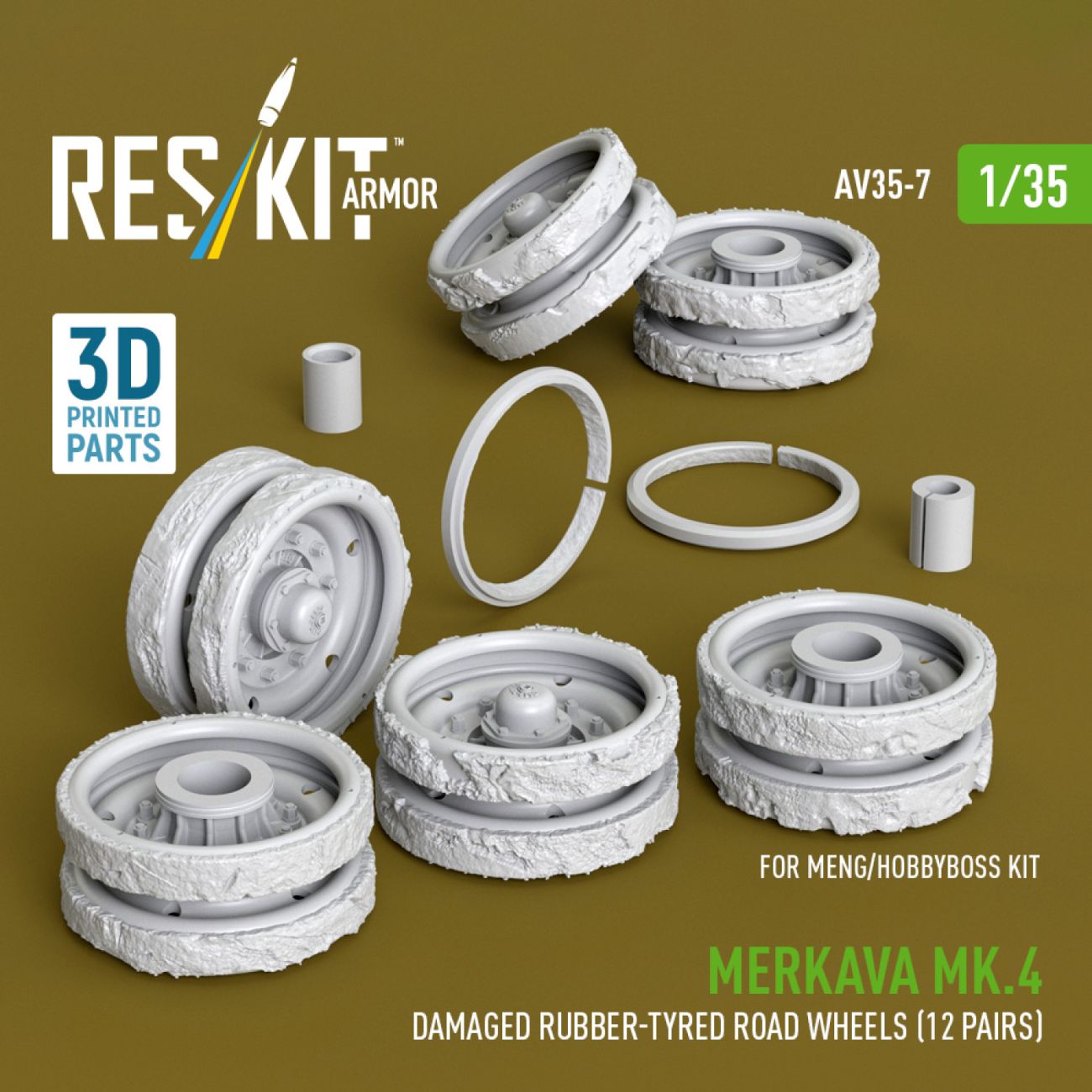 1:35 Merkava Mk.4 damaged rubber-tyred road wheels (12 pairs) for Meng/HobbyBoss kit