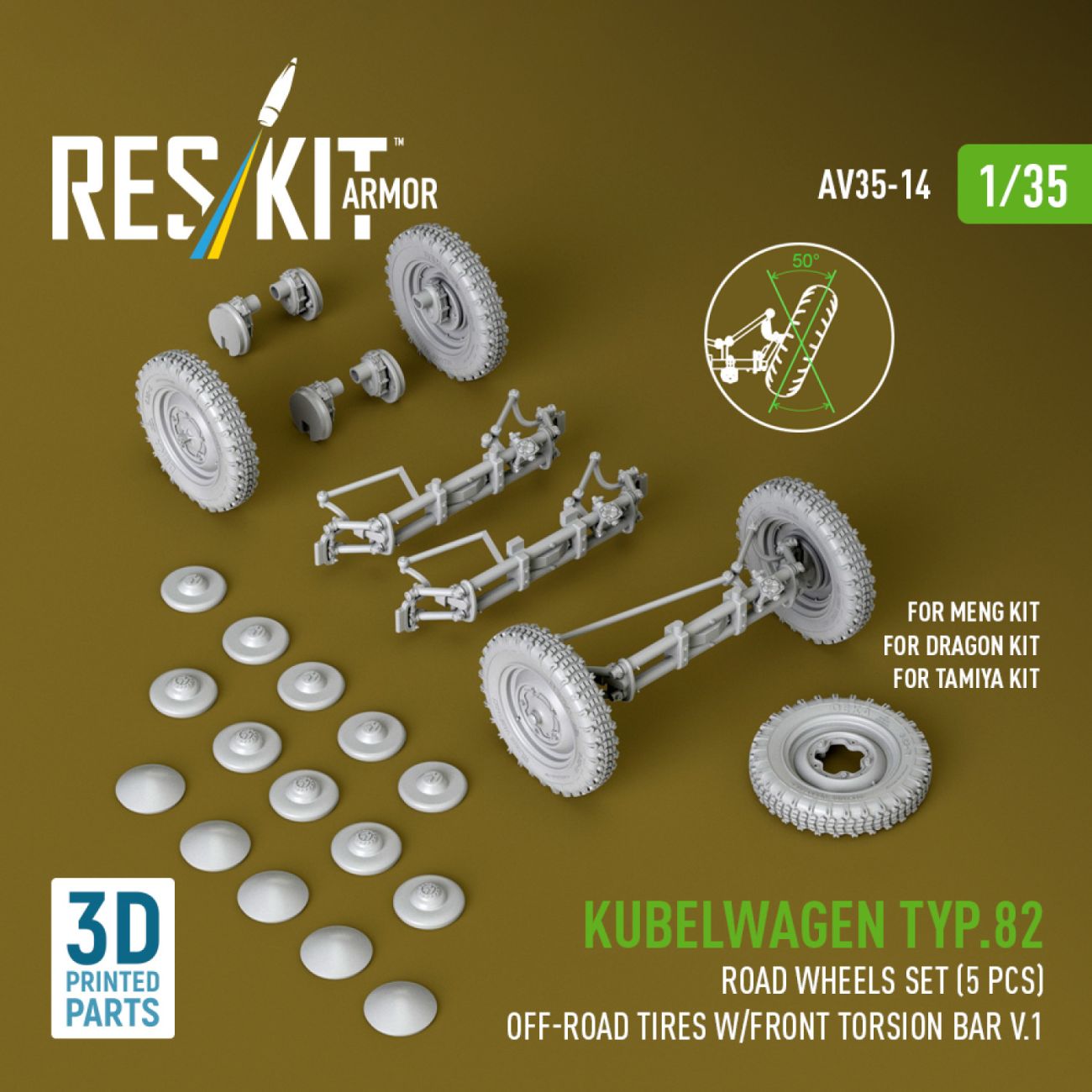 1:35 Kubelwagen typ.82 road wheels set (5 pcs) off-road tires w/front torsion bar V.1 for Meng/Dragon/Tamiya kit