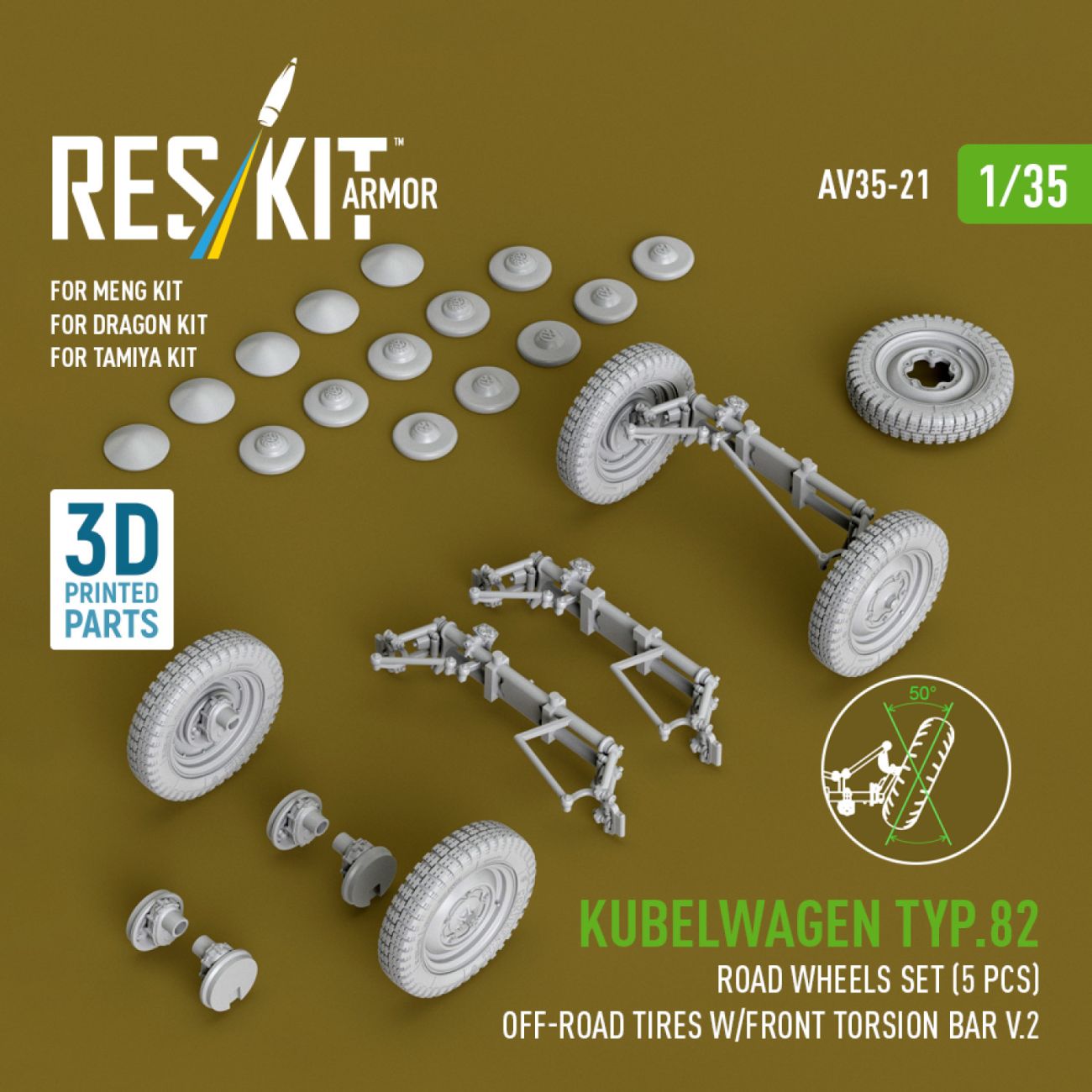 1:35 Kubelwagen typ.82 road wheels set (5 pcs) off-road tires w/front torsion bar V.2 for Meng/Dragon/Tamiya kit