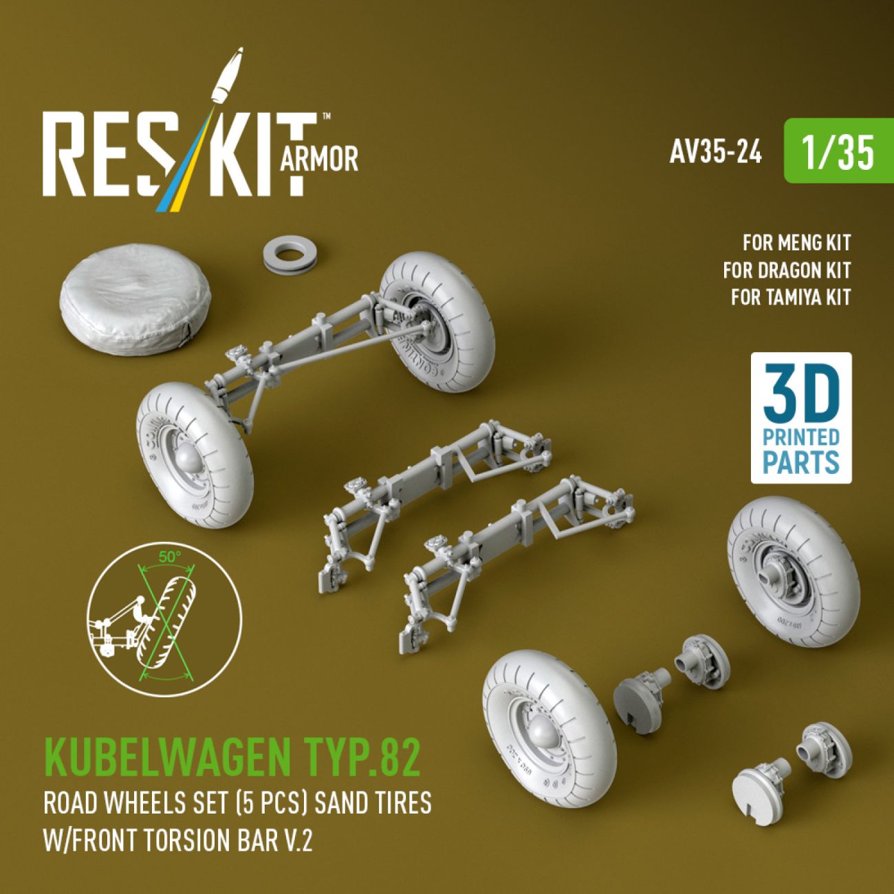 1:35 Kubelwagen typ.82 road wheels set (5 pcs) sand tires w/front torsion bar V.2 for Meng/Dragon/Tamiya kit