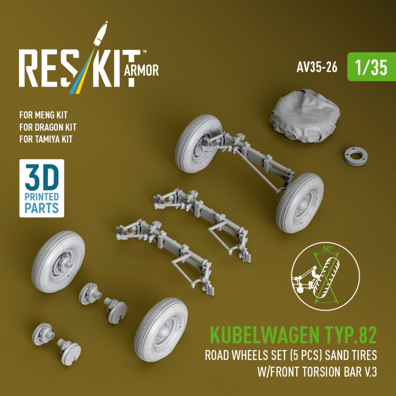 1:35 Kubelwagen typ.82 road wheels set (5 pcs) sand tires w/front torsion bar V.3 for Meng/Dragon/Tamiya kit