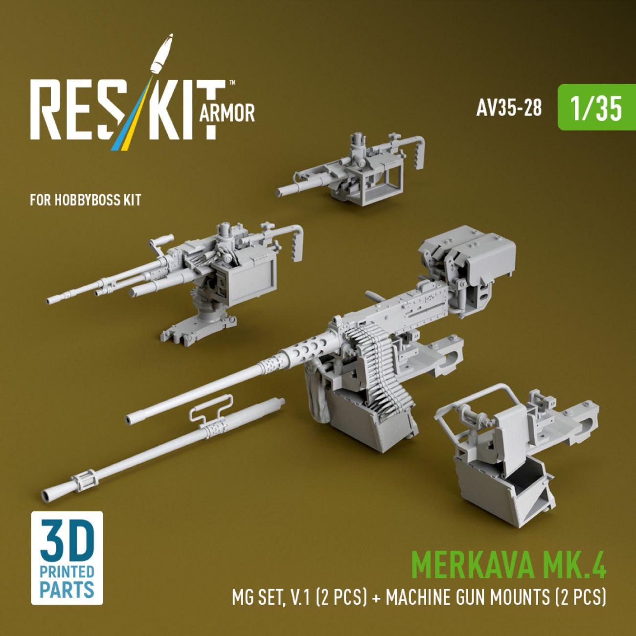 1:35 Merkava Mk.4 MG set, V.1 (2 pcs) + Machine gun mounts (2 pcs) for HobbyBoss kit