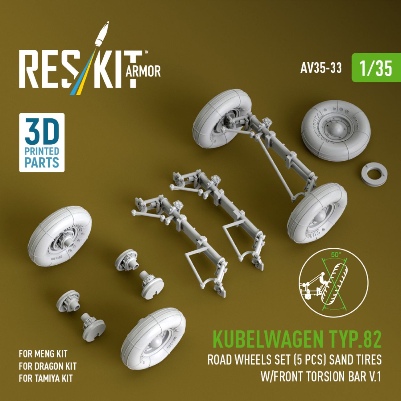 1:35 Kubelwagen typ.82 road wheels set (5 pcs) sand tires w/front torsion bar V.1 for Meng/Dragon/Tamiya kit