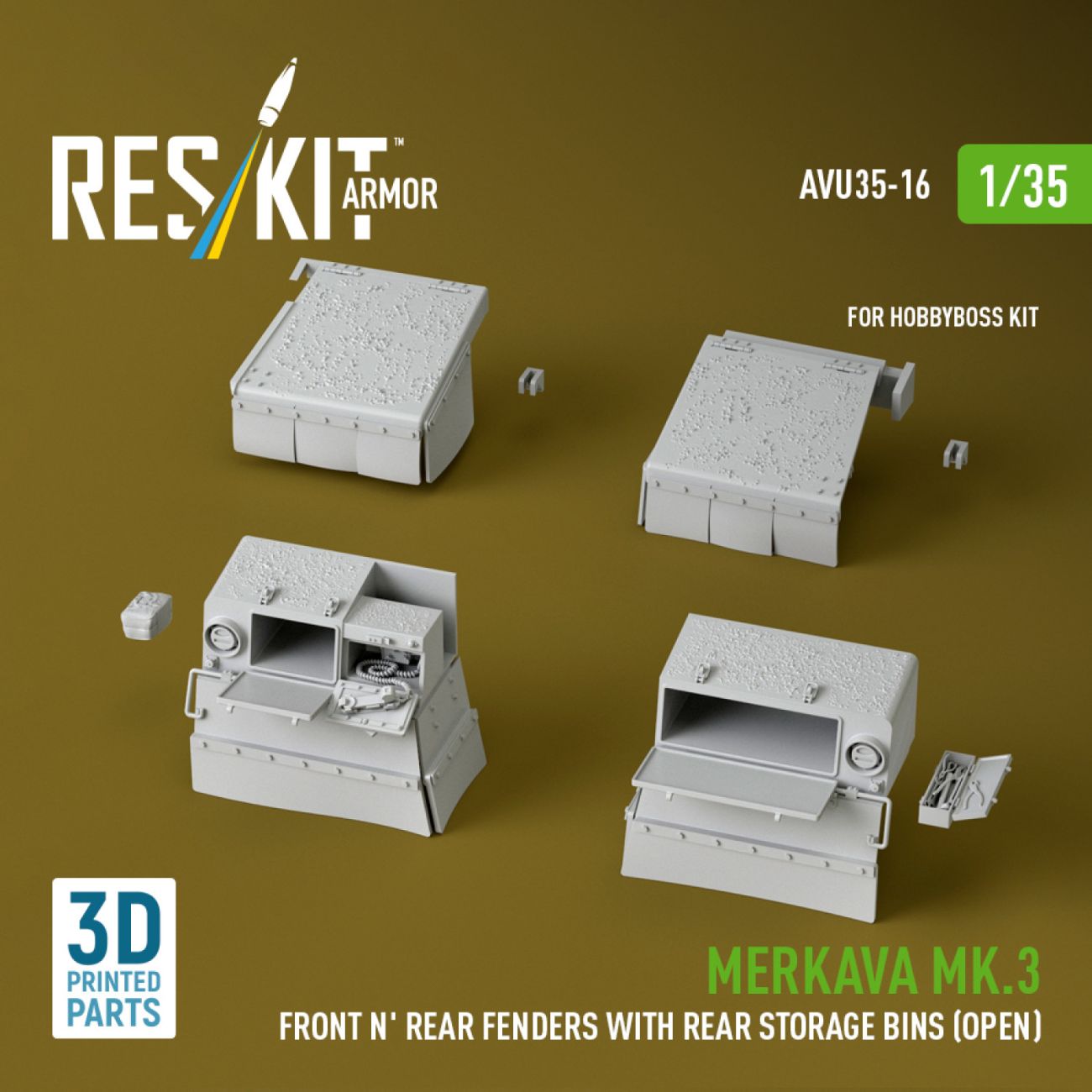 1:35 Merkava Mk.3 Front n' Rear fenders with Rear stowage bins (open) for HobbyBoss kit
