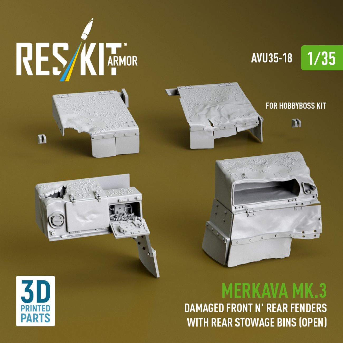 1:35 Merkava Mk.3 Damaged Front n' Rear fenders with Rear stowage bins (open) for HobbyBoss kit