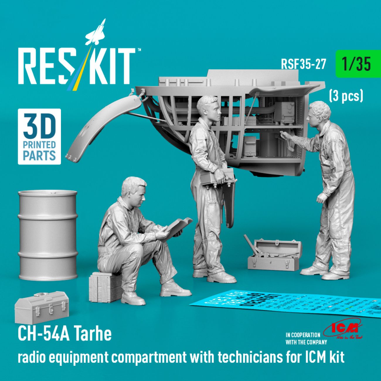 1:35 CH-54A Tarhe radio equipment compartment with technicians (3 pcs) for ICM kit