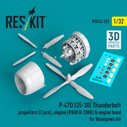 1:32 P-47D (25-30) Thunderbolt propellers (2 pcs), engine (P&W R-2800) & engine hood for Hasegawa kit