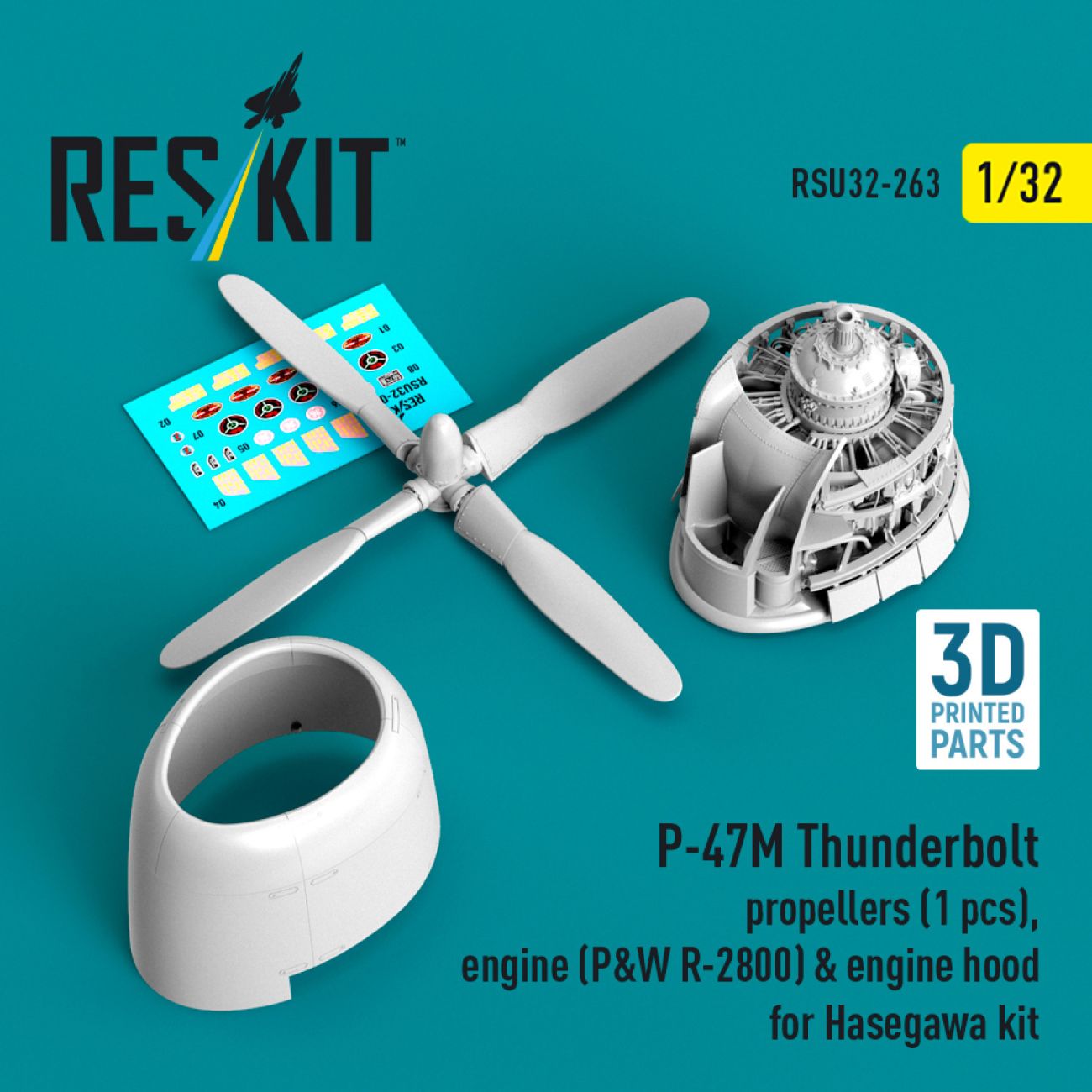 1:32 P-47M Thunderbolt propeller (1 pcs), engine (P&W R-2800) & engine hood for Hasegawa kit