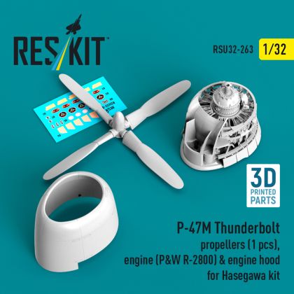 1:32 P-47M Thunderbolt propeller (1 pcs), engine (P&W R-2800) & engine hood for Hasegawa kit