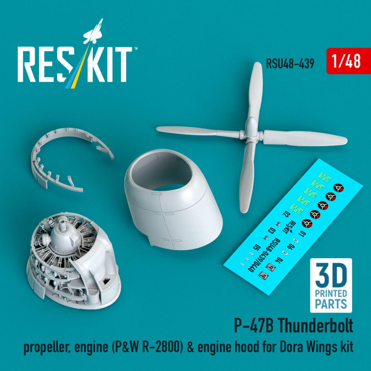 1:48 P-47B Thunderbolt propeller, engine (P&W R-2800) & engine hood for Dora Wings kit