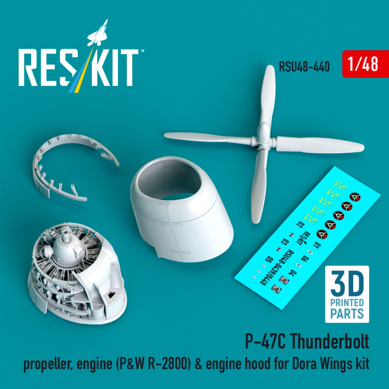 1:48 P-47C Thunderbolt propeller, engine (P&W R-2800) & engine hood for Dora Wings kit 