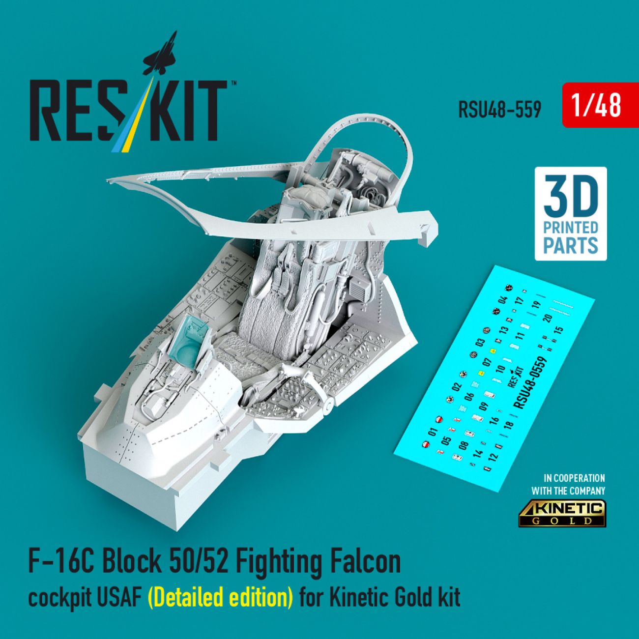 1:48 F-16C Block 50/52 Fighting Falcon cockpit USAF (Detailed edition) for Kinetic Gold kit