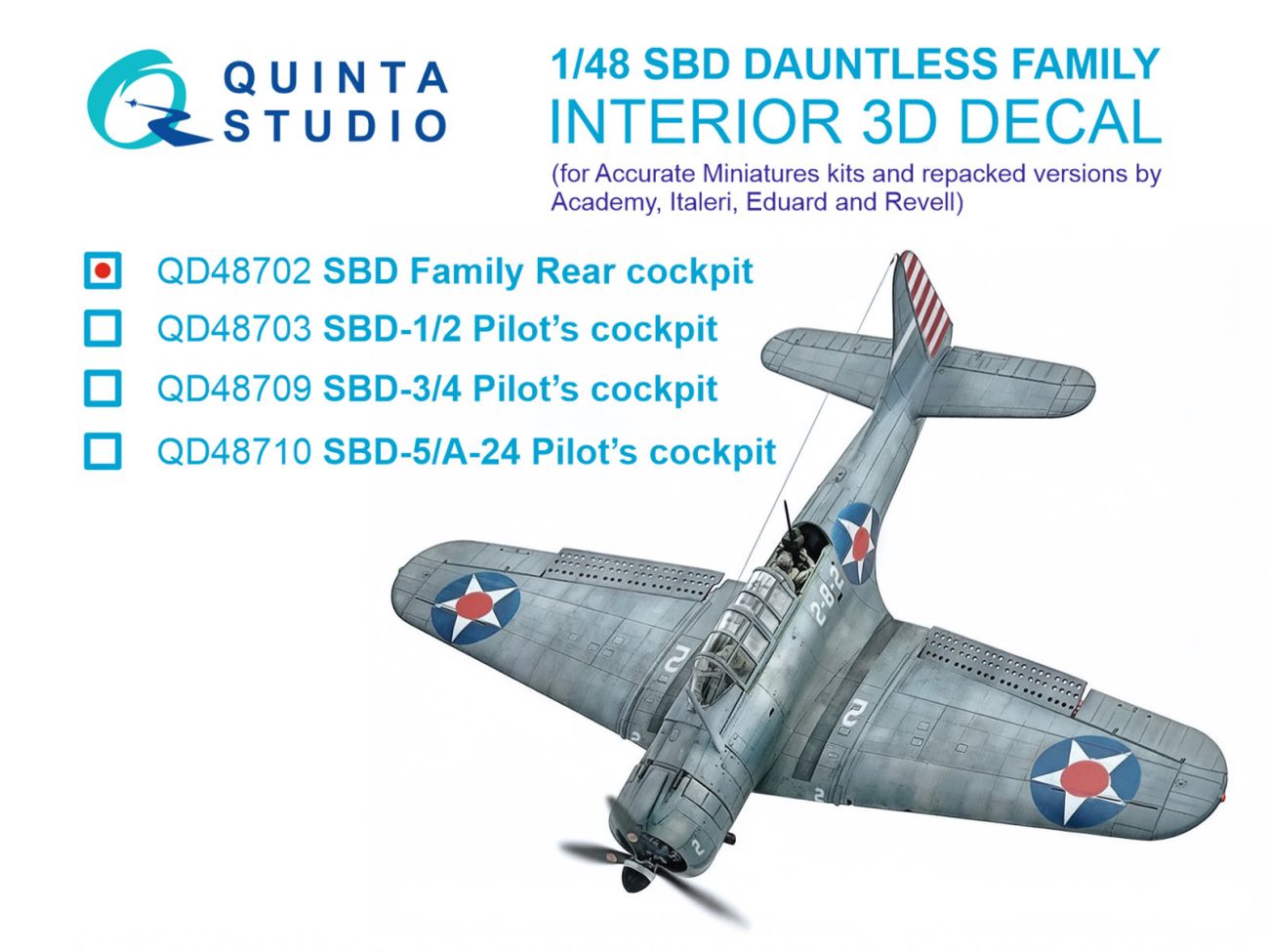 1:48 SBD Dauntless Family Rear cockpit 3D-Printed & coloured Interior on decal paper (Accurate Miniatures/Academy/etc)