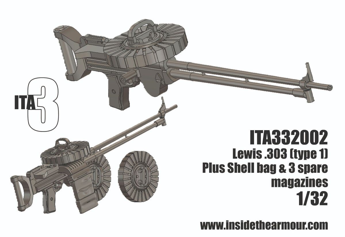 1:32 Lewis .303 (aircraft type) with Optional Shell Bag and 3 x Spare Magazines for Stowage