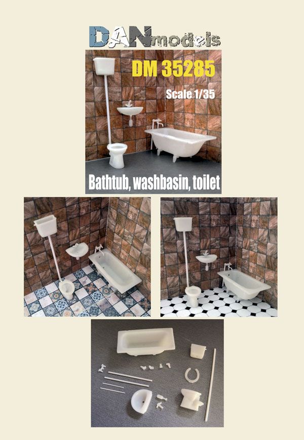 1:35 Bathtub and washbasin, toilet model, material - resin