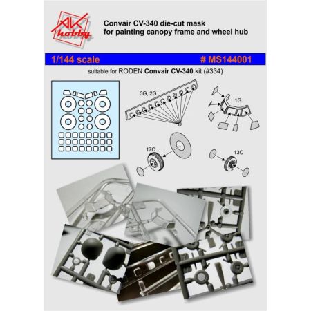 1:144 Convair CV340 cockpit and cabin window and wheel masking set (Roden)